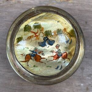 Persian Hand Painted Storyteller Mother of Pearl Trinket Pill Box 1 7/8”W